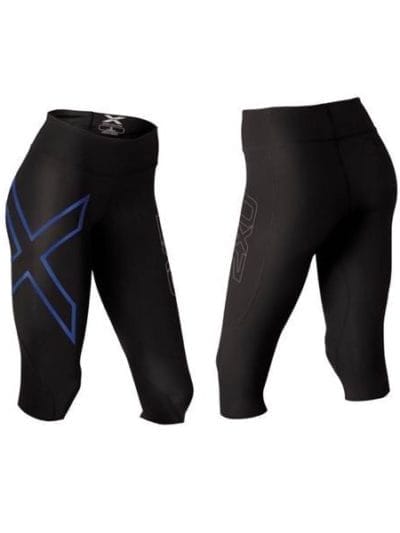 Fitness Mania - 2XU Womens Mid-Rise Compression 3/4 Tights - Black/Metallic Blue