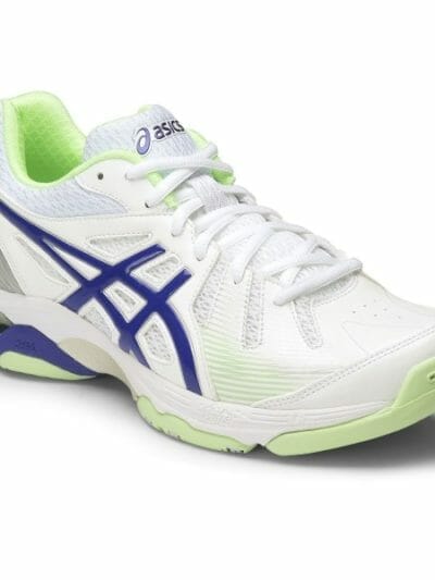 Fitness Mania - Asics Gel Academy 6 - Womens Netball Shoes - White/Asics Blue/Patina Green