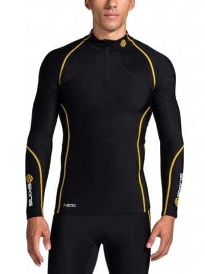 Fitness Mania - Skins A200 Mens Thermal Compression Long Sleeve Top with Zip Mock Neck - Black/Yellow