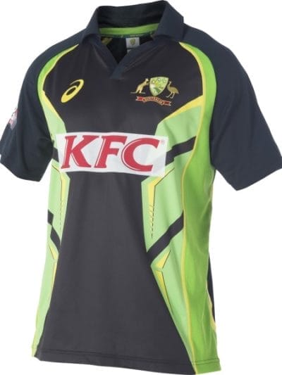 Fitness Mania - Asics Cricket Australia Replica T20 Kids Boys Cricket Shirt - Black/Green/Gold