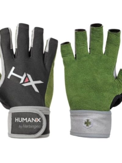 Fitness Mania - Harbinger HumanX X3 Competition Mens Gym Training 3/4 Finger Gloves With WristWrap - Green/Black