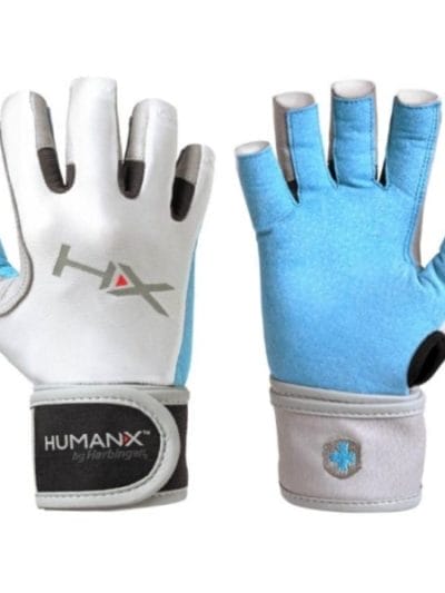 Fitness Mania - Harbinger HumanX X3 Competition Womens Gym Training 3/4 Finger Gloves With WristWrap - Blue/White