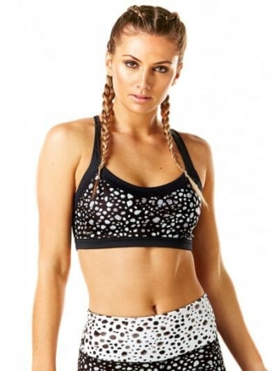 Fitness Mania - Pink Sun Black Splatter Padded Womens Crop Top - Black Splatter Print