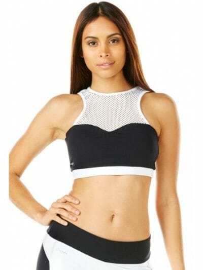 Fitness Mania - Pink Sun Sportsluxe Mesh Padded Womens Crop Top - Black/White