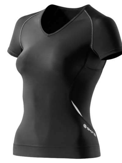 Fitness Mania - Skins A400 Womens Short Sleeve V-Neck Compression Top - Black/Silver