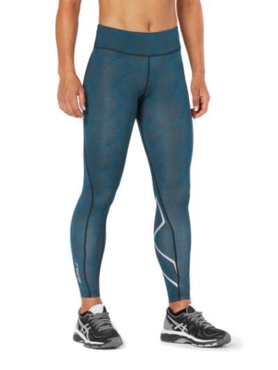 Fitness Mania - 2XU Mid-Rise Print Womens Full Length Compression Tights - Moroccan Blue/Silver
