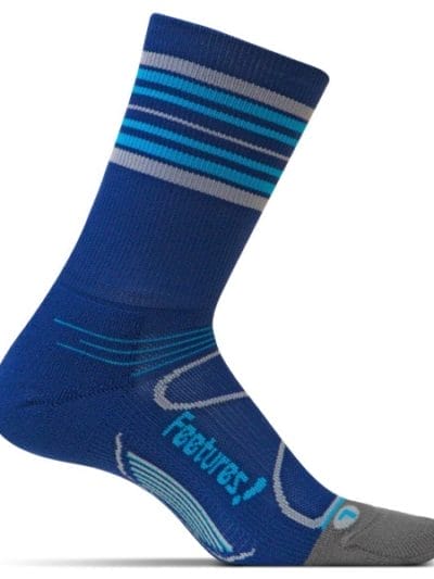 Fitness Mania - Feetures Elite Light Cushion Mini Crew - Unisex Running Socks - Navy/Hawaiian Blue Stripe