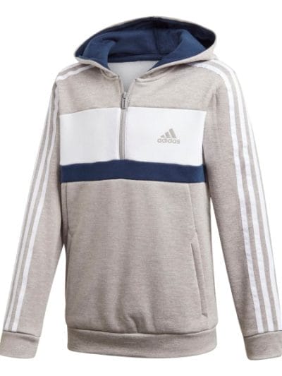Fitness Mania - Adidas Sport ID Fleece Kids Boys Casual Hoodie - Grey Heather/Solid Grey/White/Collegiate Navy