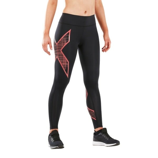 Fitness Mania - 2XU Bonded Mid-Rise Womens Compression Tights - Black/Scribe Spiced Coral