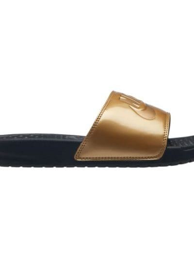 Fitness Mania - Nike Benassi Just Do It Print - Womens Casual Slides - Black/Metallic Gold