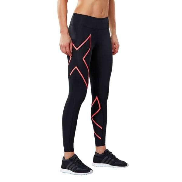 Fitness Mania - 2XU Mid-Rise Womens Full Length Compression Tights - Black/Fiery Coral