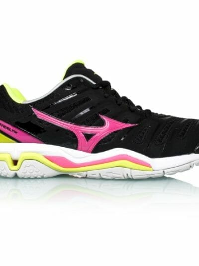 Fitness Mania - Mizuno Wave Stealth 4 - Womens Netball Shoes - Black/Pink Glow/Yellow + Free Netball