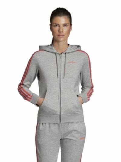 Fitness Mania - Adidas Essentials 3-Stripes Full Zip Womens Casual Hoodie - Medium Grey Heather/Pink