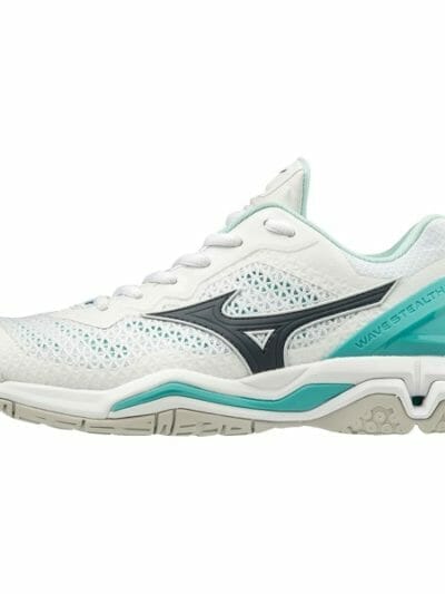 Fitness Mania - Mizuno Wave Stealth 5 - Womens Netball Shoes - White/Blueberry/Turquoise