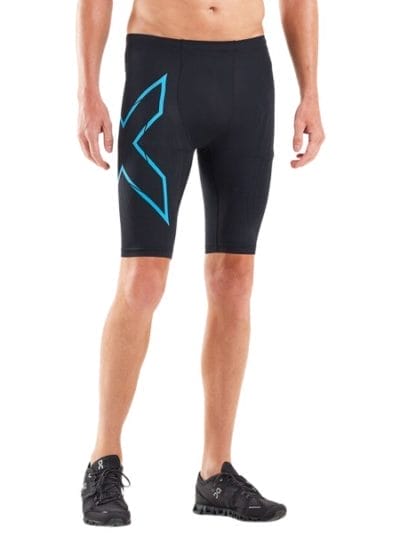 Fitness Mania - 2XU MCS Run Mens Compression Shorts With Back Storage - Black/Ultra Aqua Reflective