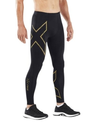 Fitness Mania - 2XU MCS Run Mens Compression Tights With Back Storage - Black/Gold Reflective