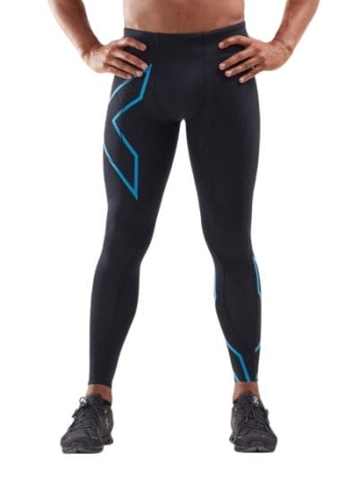 Fitness Mania - 2XU MCS Run Mens Compression Tights With Back Storage - Black/Ultra Aqua Reflective