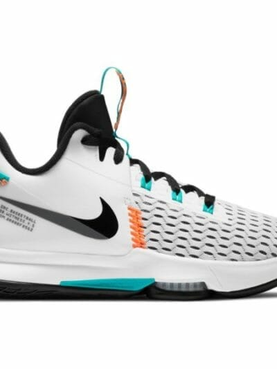 Fitness Mania - Nike Lebron Witness V - Mens Basketball Shoes - White/Black/Clear Jade/Total Orange