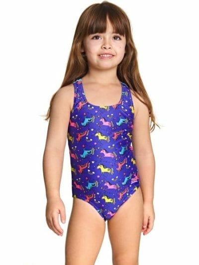 Fitness Mania - Zoggs Rainbow Unicorn Actionback Kids Girls One Piece Swimsuit - Blue Multi