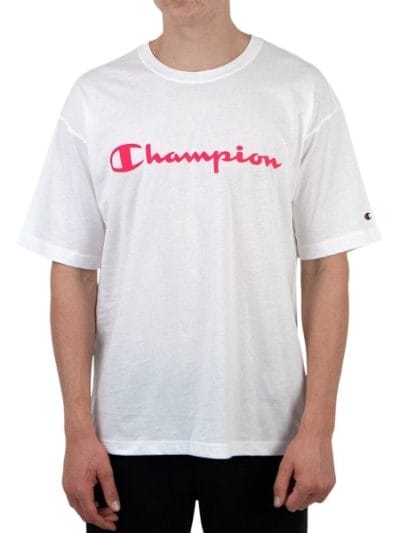 Fitness Mania - Champion EU Legacy Script Mens T-Shirt - White/Pink