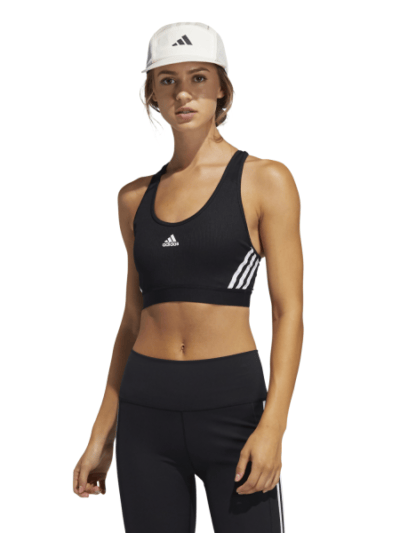 Fitness Mania - Adidas Believe This 3-Stripes Medium Support Rib Womens Sports Bra - Black/White