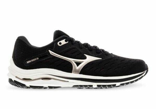 Fitness Mania - Mizuno Wave Rider 24 Womens Black Platinum Gold Fudge