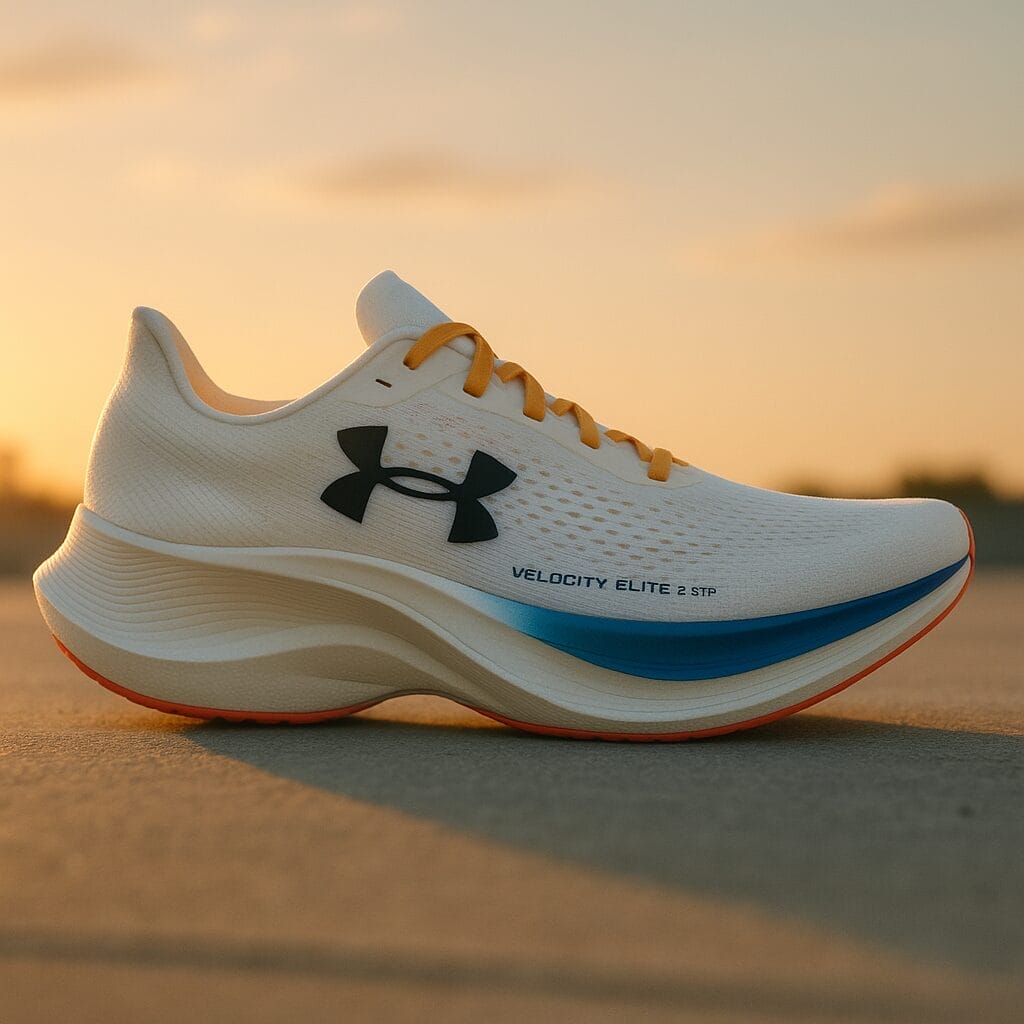 A high-resolution side profile of the Under Armour Velocity Elite 2 STR on a clean concrete surface, captured at golden hour. Emphasis on the sculpted midsole, rocker shape, and lightweight upper, with soft shadows and crisp detail to highlight performance design.