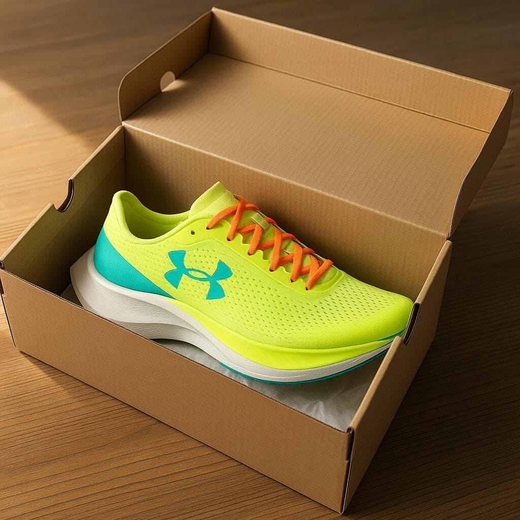 A photorealistic open shoebox on a wooden table with the Under Armour Velocity Elite 2 STR inside, highlighting the sleek upper, sculpted midsole, and race-ready silhouette in a bright, modern colourway. Soft natural light, clean composition.