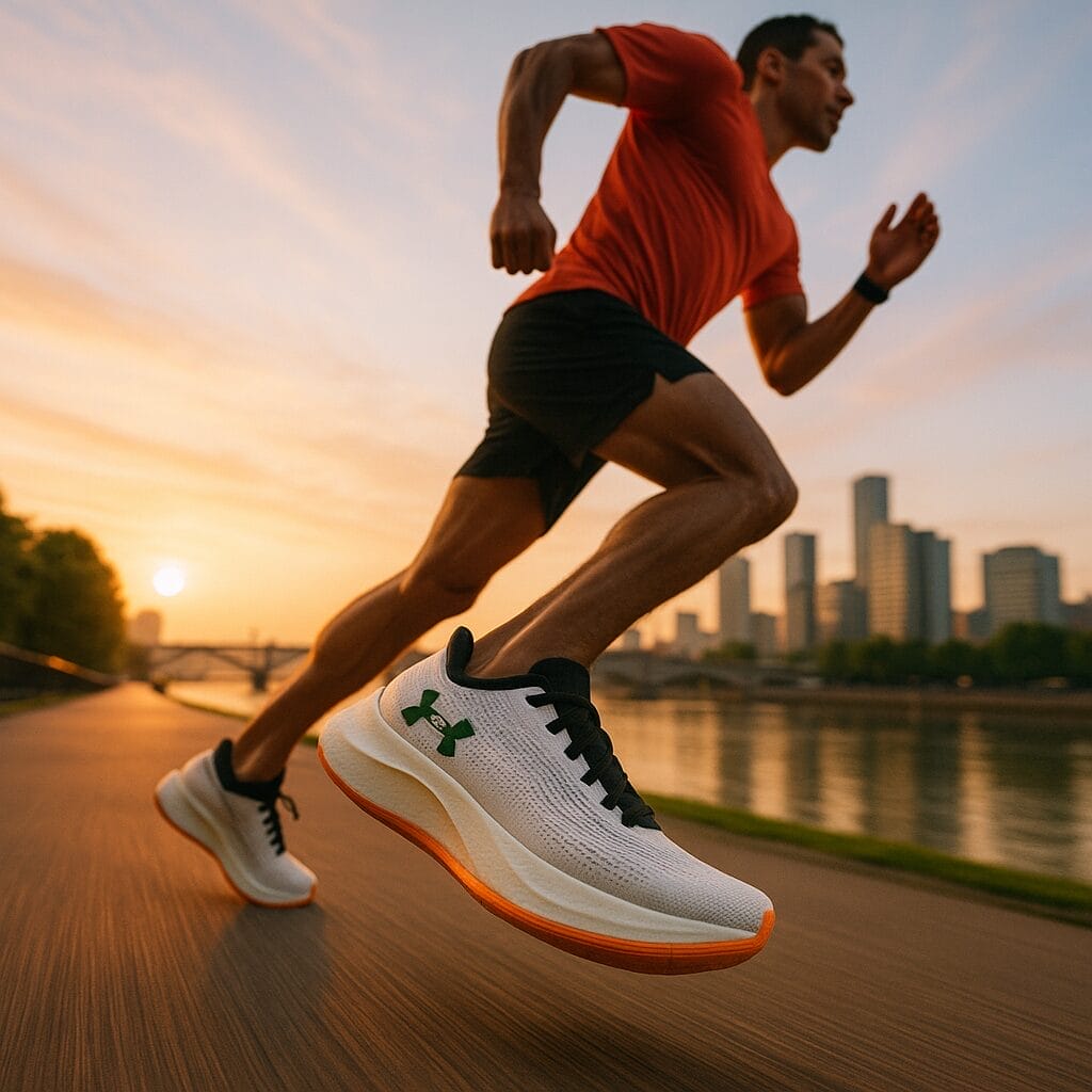 A dynamic, wide-angle shot of a runner striding along a city riverside path at sunrise, wearing the Under Armour Velocity Elite 2 STR. Emphasis on the shoe’s midsole and forward-rolling geometry, with motion blur in the background and crisp detail on the footwear.